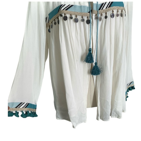 Chico’s Women's White Embellished Open Front Tassle Tie Lightweight Jacket Sz L - Picture 8 of 13